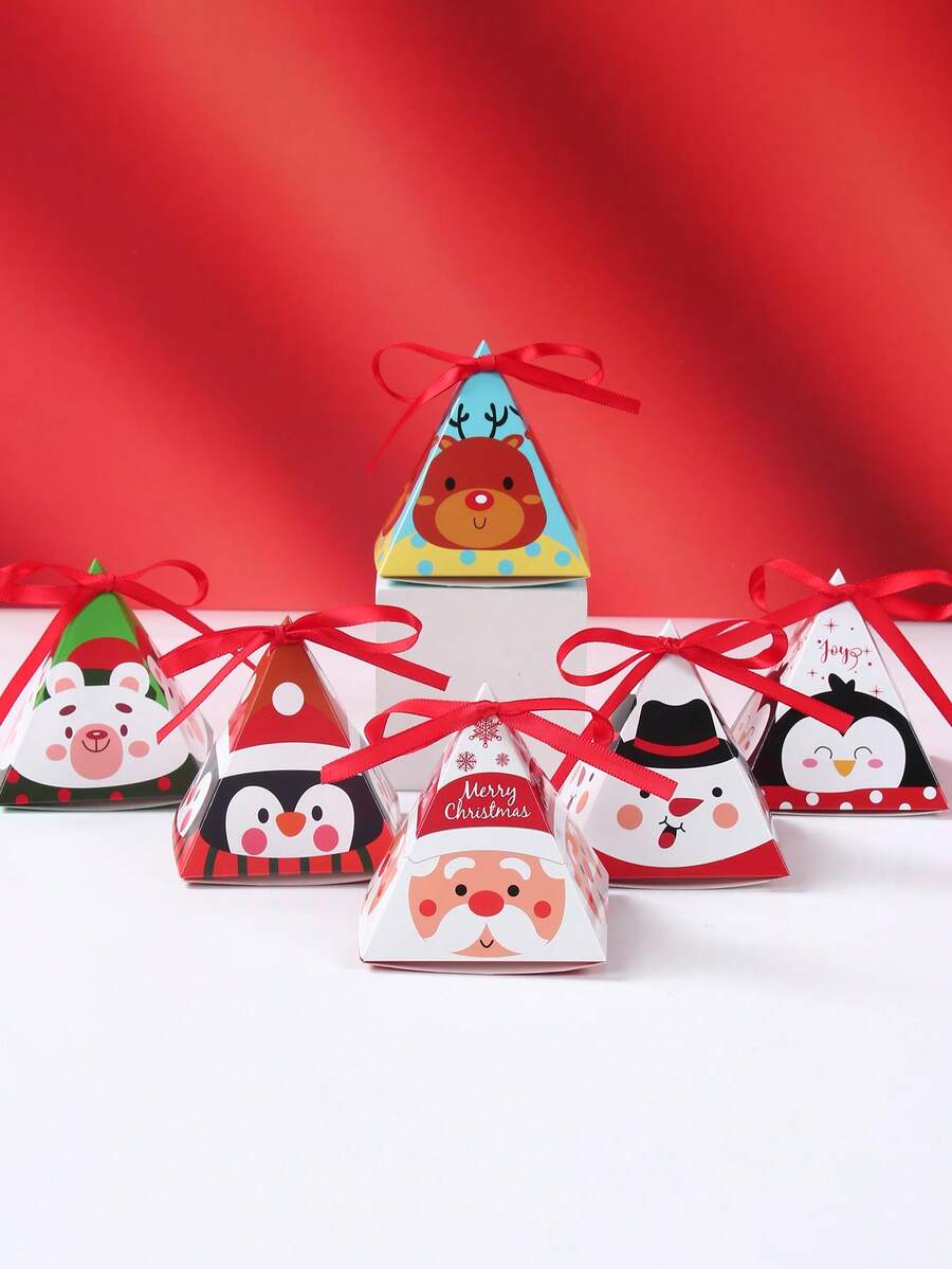 12 pièces Boîte à bonbons triangulaire de Noël, 6 styles de boîte à bonbons en papier de dessin animé avec ruban, boîte-cadeau de Noël avec Père Noël