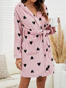 Women's Thick Flannel Bathrobe With Heart Print, Warm And Cozy. Double-Sided Fleece Hooded Bathrobe, Long Sleeve Sleepwear, Suitable For Bathroom, Bedroom, And Home Wear, Ideal For Keeping Warm In Winter.