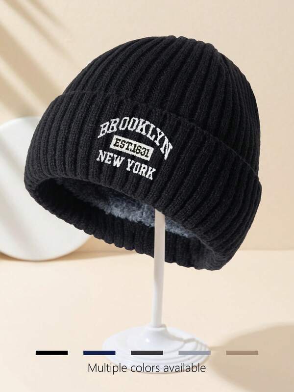 1pc Women/Men's Brooklyn 1631 Embroidered Solid Color Knit Beanie Hat, Warm Thermal Lined, Soft & Comfortable, Simple & Fashionable, Suitable For Cold Weather, Essential For Autumn/Winter