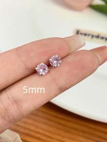 2pcs 3/4/5/6/7mm Pink Cubic Zirconia Earrings, Lightweight Luxury For Women's Daily Wear