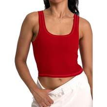 Women Rib Tank Top Padded Workout Top Square Neck Crop Tank Fitted Basic Cami Tops - Hot Red - View 3
