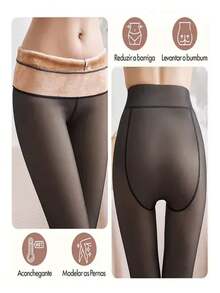 Meia-Calça Térmica Forrada Peluciada Puls Size Translúcida Inverno Quente Legging - Preto - Visão 5