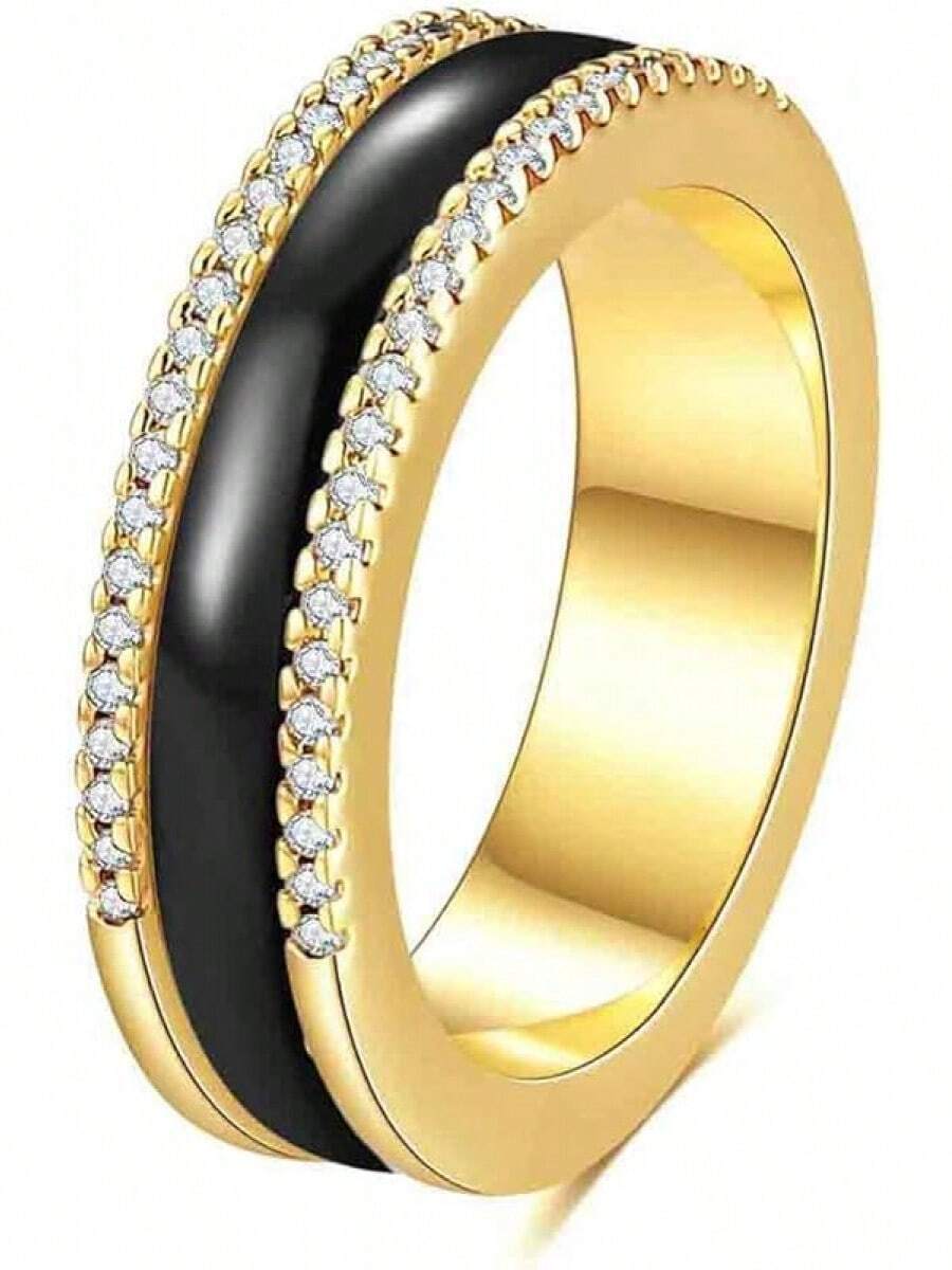 6mm White/Black Ceramic Rings Plus Cubic Zirconia For Women Comfort Fit Engagement Wedding Band Size 5-122025 - 6mm Black+Gold - View 1
