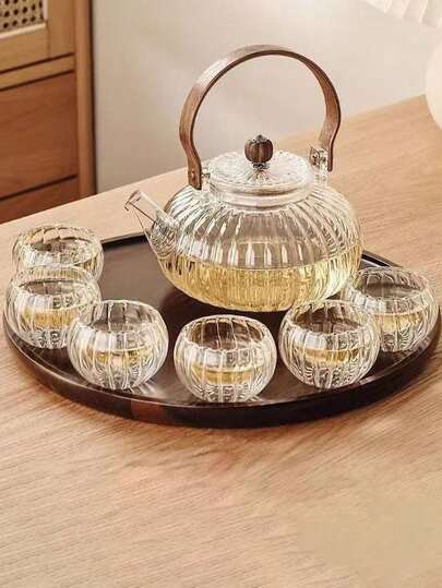 1pc High Heat Resistant Glass Teapot With Filter, Wooden Handle, Thick Glass, Home Use Tea Pot