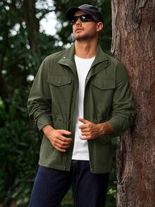Mens Military Jacket Full Zip And Button  Field Jacket Multi Pocket Cargo Outdoor Coathalloween - Army Green - View 4