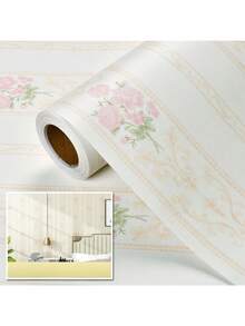 1 Roll Of Thickened Striped Self-Adhesive Wall Decoration Stickers For Living Room And Bedroom TV Background Wall Waterproof And Moisture-Proof Wipeable Wallpaper Wall Paper Wall Stickers Room Decor - Striped White Background With Pink Flowers - View 10