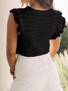女士钩针编织条纹毛衣背心，轻盈圆领荷叶边短袖上衣 - 黑色 - 查看 6