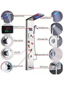 Sistema de ducha LED Panel de ducha de lluvia negra Sistema de torre Sistema de cabezal de ducha de cascada montado en la pared 5 funciones Columna de ducha de masaje con ducha de mano - Níquel cepillado - Ver 4