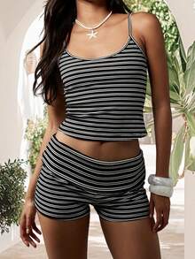Women's 2 Piece Lounge Outfits Sleeveless Striped Cami Tank Tops Shorts Party Sets - 黑色 - 查看 5