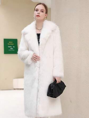 Damvinterkappor Dam Chic Vit fuskpäls Midikapp Varm Långärmad Krage Normalärmad Ytterkläder Med Fickor Icke-stretchigt Tyg Lämplig För Jul, Nyår
