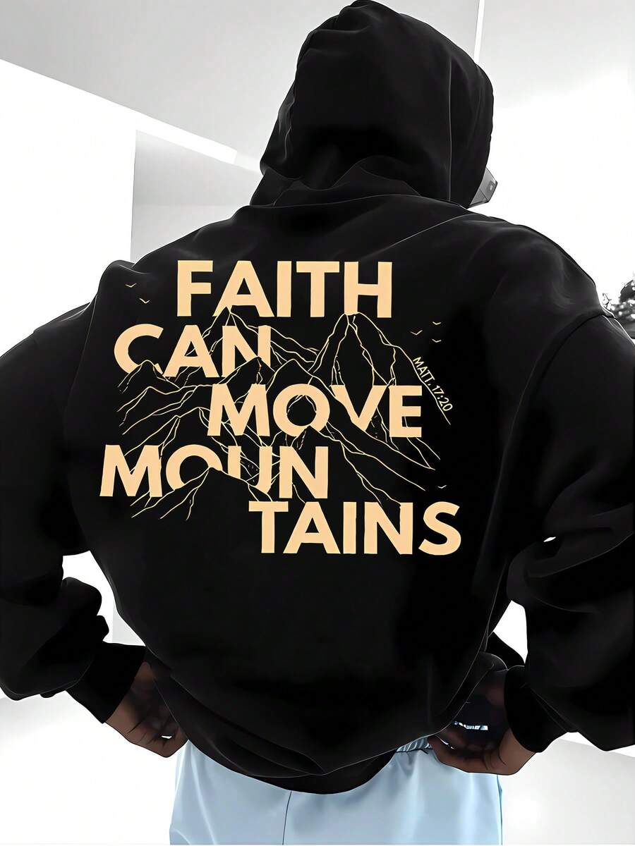 Men's Autumn Winter Black Hooded Sweatshirt With Drawstring And Pocket, "Faith Can Move Mountains" Graphic Print - AutumnTrends - Polyester Soft Casual Hooded Sweatshirt, Fall Wear SkateOutfitIdeas, ElegantCasual, Streetwear Essential, Inspirational Daily Pullover - Đen 6 - Xem 1
