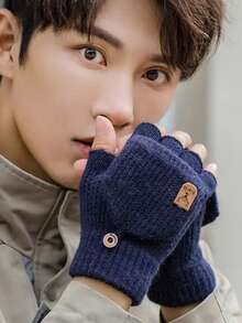 1 Pair Of Winter Warm Knitted And Plush Thick Half Flip Gloves, Touch Screen Riding Student Writing Plush Gloves - Multicolor - View 6