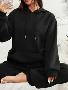 女士连帽上衣带口袋和抽绳长裤两件套，舒适家居服套装，秋冬款 - 黑色 - 查看 1