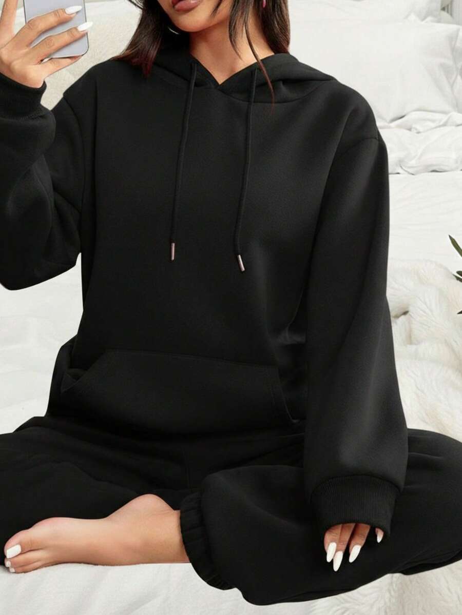 女士连帽上衣带口袋和抽绳长裤两件套，舒适家居服套装，秋冬款 - 黑色 - 查看 1