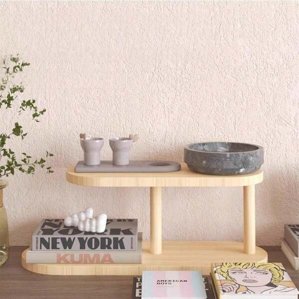 1pc Multi-Purpose Natural Pine Storage Rack, Beautiful And Simple Double-Layer Design For Desktop Organizer Table, Room Decor Bedroom Furniture Dressing Table Cosmetics Rack, Bathroom Accessories, Living Room Furniture Coffee Table Item Storage Tool