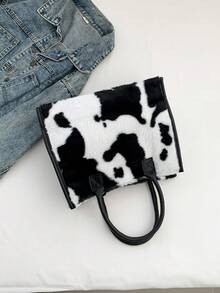 Yogodlns Einfaches Design Kuh Muster Frauen Weiche Plüsch Umhängetaschen Winter Fellbesatz Damen Geldbörsen Handtaschen Mode Weibliche Shopper Taschen - Schwarz und Weiss - Übersicht 7