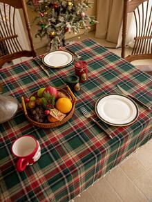 1pc Christmas Green Tablecloth, Tassel Fringe, Retro Green Plaid, Brushed Woven Fabric, Rectangular, Washable, Suitable For Coffee Table, Bedside Cabinet, Autumn/Winter Dining Table Decor, Suitable For Home, Kitchen, Party, Holiday, Christmas, New Year Decoration