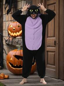 Adult Men's Cat Cartoon One-Piece Pajamas Autumn And Winter Thickened Animal One-Piece Pajamas Hooded Warm Home Clothes Halloween Costume Christmas Role Play Party Costume - 黑色 - 查看 5