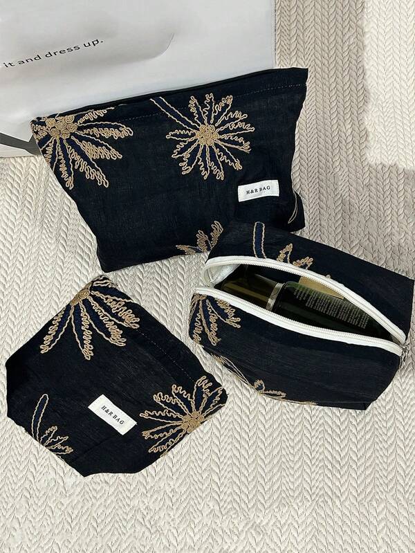 1 Set Black Base Brown Coconut Tree Pattern Cosmetic Bag, Vacation Style Fashion Makeup Bag, Large Capacity Foldable Pillow Bag, L/M/S Set Include Makeup Tool Storage Bag, Coin Purse Lipstick Organizer Bag, Suitable For Travel, Dorm, Skincare, Cosmetics, Makeup Brushes, Wedding Bride Gift, Mother's Gift, Birthday Gift, Gift For Friends And Teachers, Suitable For Travel, Dorm, Business Trip, Commute