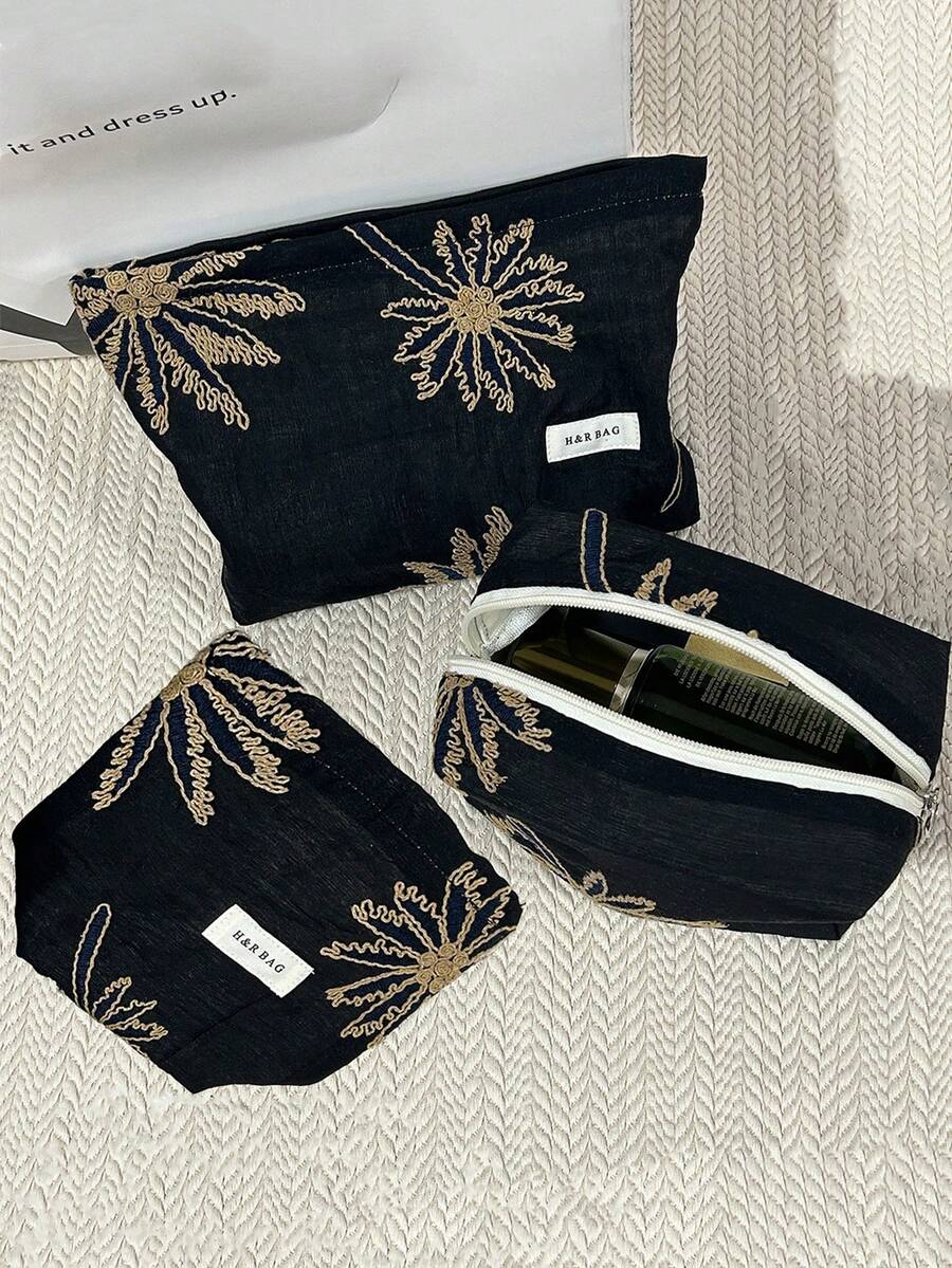 1 套黑色底棕色椰子树图案化妆包，度假风格时尚化妆包，大容量可折叠枕头包，L/M/S 套装包括化妆工具收纳袋、零钱包口红收纳袋，适合旅行、宿舍、护肤品、化妆品、化妆刷，婚礼新娘礼物、母亲礼物、生日礼物、送给朋友和老师的礼物，适合旅行、宿舍、商务旅行、通勤