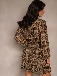 Leopard Print Flared Dress With Stand-Up Collar And Ruffles - Brown - View 3