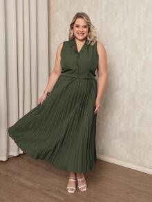 ANLE MODAS Women's Set Pleated Skirt With Elegant Vest Luis Twill Plus Size - Army Green - View 1