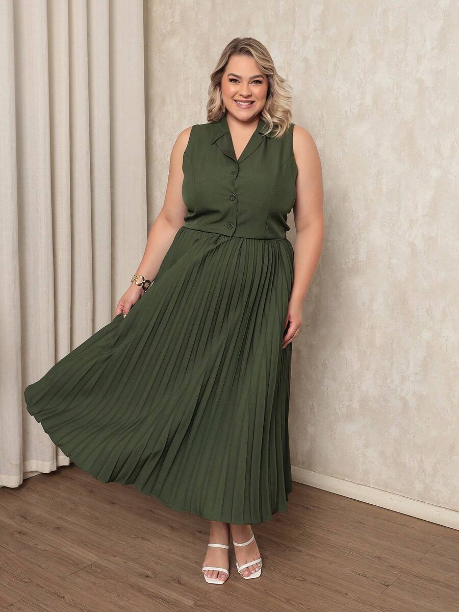 ANLE MODAS Women's Set Pleated Skirt With Elegant Vest Luis Twill Plus Size - Army Green - View 1