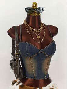 Amplova Women's Halter Neck Spaghetti Strap Backless Criss-Cross Zipper Back Casual Denim Blouse, Y2k Clothes Women - Dark Wash - View 1