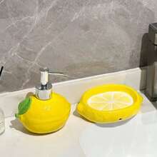 1pc 300ml Lemon-Shaped Ceramic Lotion Bottle - Refillable Pump Dispenser For Soap, Shampoo, And Detergent, Phthalate-Free, Ideal For Bathroom And Kitchen Use, Bathroom Decor And Accessories