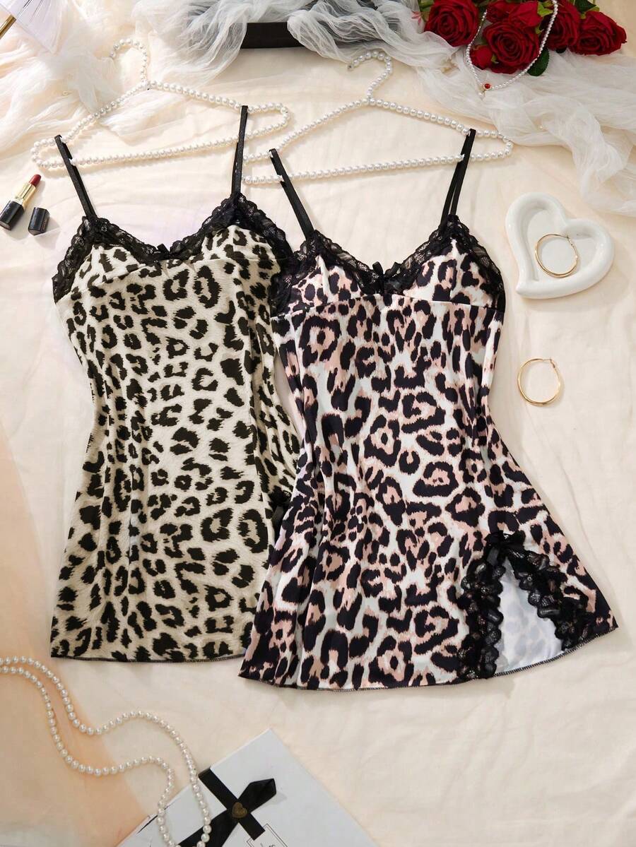 2pcs Women's Sexy Nightgown, Leopard Print Contrast Lace Patchwork Bow Sleeveless Printed Slit Hem Camisole Nightdress - Multicolor - View 1
