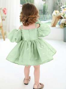 Baby Girls 0-3 Years Old Mint Green Puff Sleeve Bow Tie Elegant Dress, Princess Dress Suitable For 1 Year Old Birthday Party, Wedding Flower Girl, Holiday Celebration - Mint Green - View 6