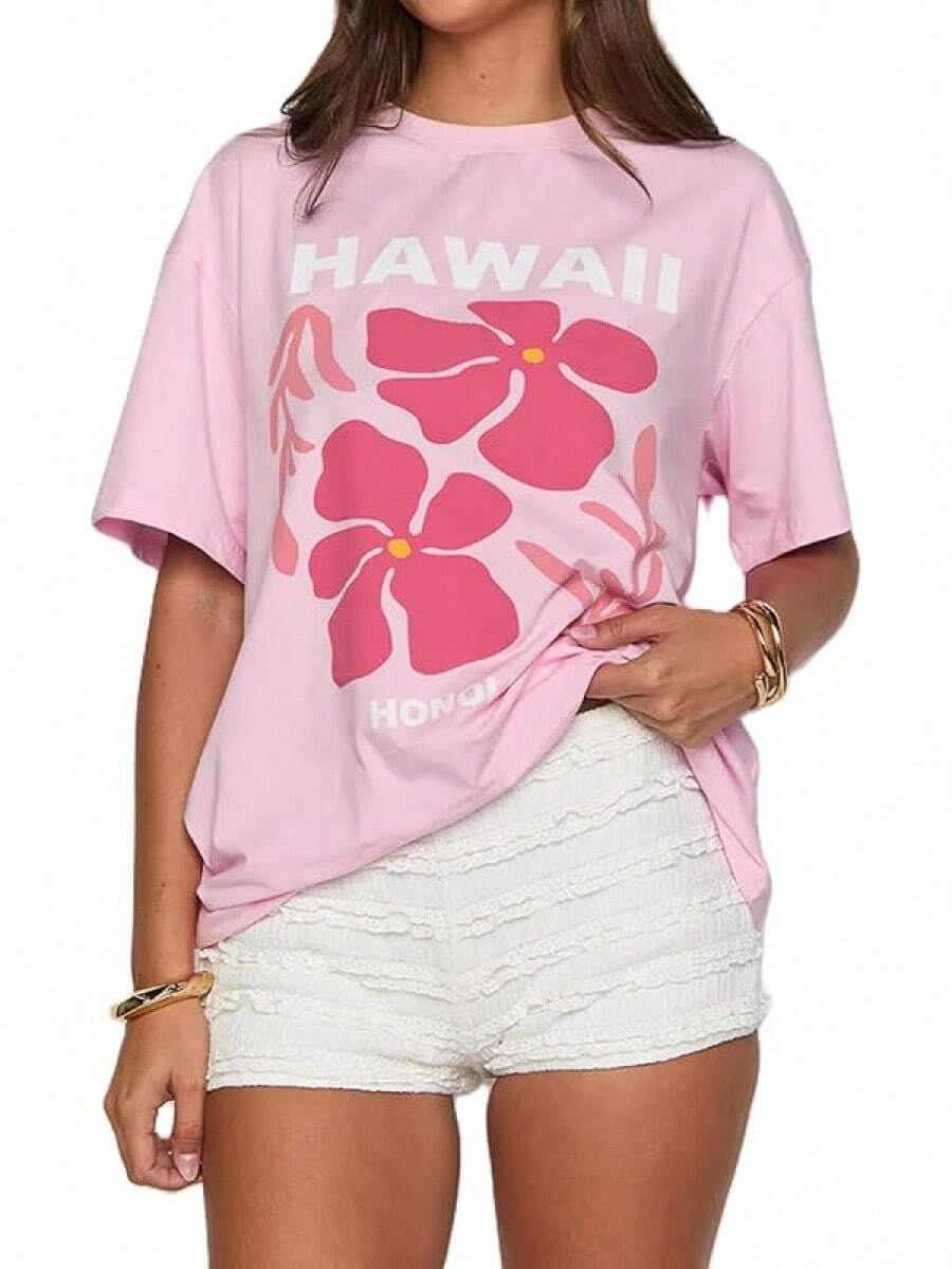 Women's Teens Oversized Graphic Tee Shirts Y2k Short Sleeve Floral Aesthetic Tshirt Top Summer Cute Preppy Clothes-For Women, Holiday, Vacation - 查看 1