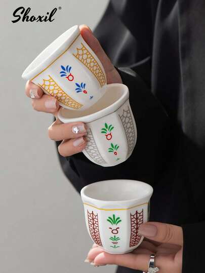 shoxil 1pc Arabic Style Ceramic Cup, Octagonal Palm Tree Coffee Mug, Ceramic Coffee Cup, Coffee Mug, Saudi Coffee Cup, Saudi Tea Cup, Water Cup, Milk Tea Cup, Matcha Cup, Stylish Coaster, Coffee Coaster, Suitable For Home, Yard, Cafe, Saudi National Day