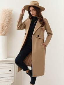 Elegancki damski płaszcz tweedowy w jednolitym kolorze, uniwersalna, swobodna, dopasowana kurtka