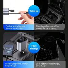 120W Retráctil Cable de carga rápida 4 en 1 Adaptador de cargador de coche de 4 puertos Compatible con todos los dispositivos - y confiable enchufe de coche - Negro - Ver 7