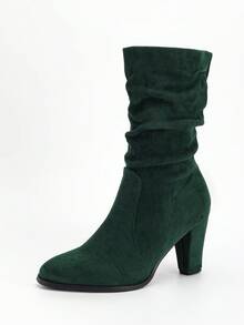 粗跟休闲靴圆头绒面革细高筒靴女式，新款秋冬中筒马靴带毛皮 - 橄欖綠 - 查看 8