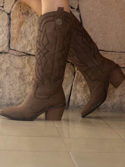 Botas western botas cowboy para mujer diseño bordado a un tono tacón cómodo, tacón ancho suela antideslizante
