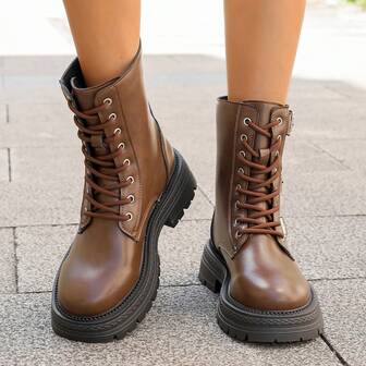 New Women's Chunky Heel Round Toe Mid-Calf Boots, Casual Fashion Party Outdoor Waterproof Leather Boots, Versatile For Autumn/Winter