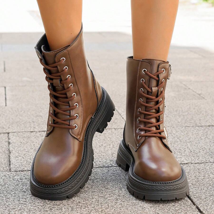 Nouvelles bottes mi-mollet à talon épais et bout rond pour femmes, bottes  casual, mode, de fête et imperméables, polyvalentes pour l'automne/l'hiver - Tabac - Voir 1