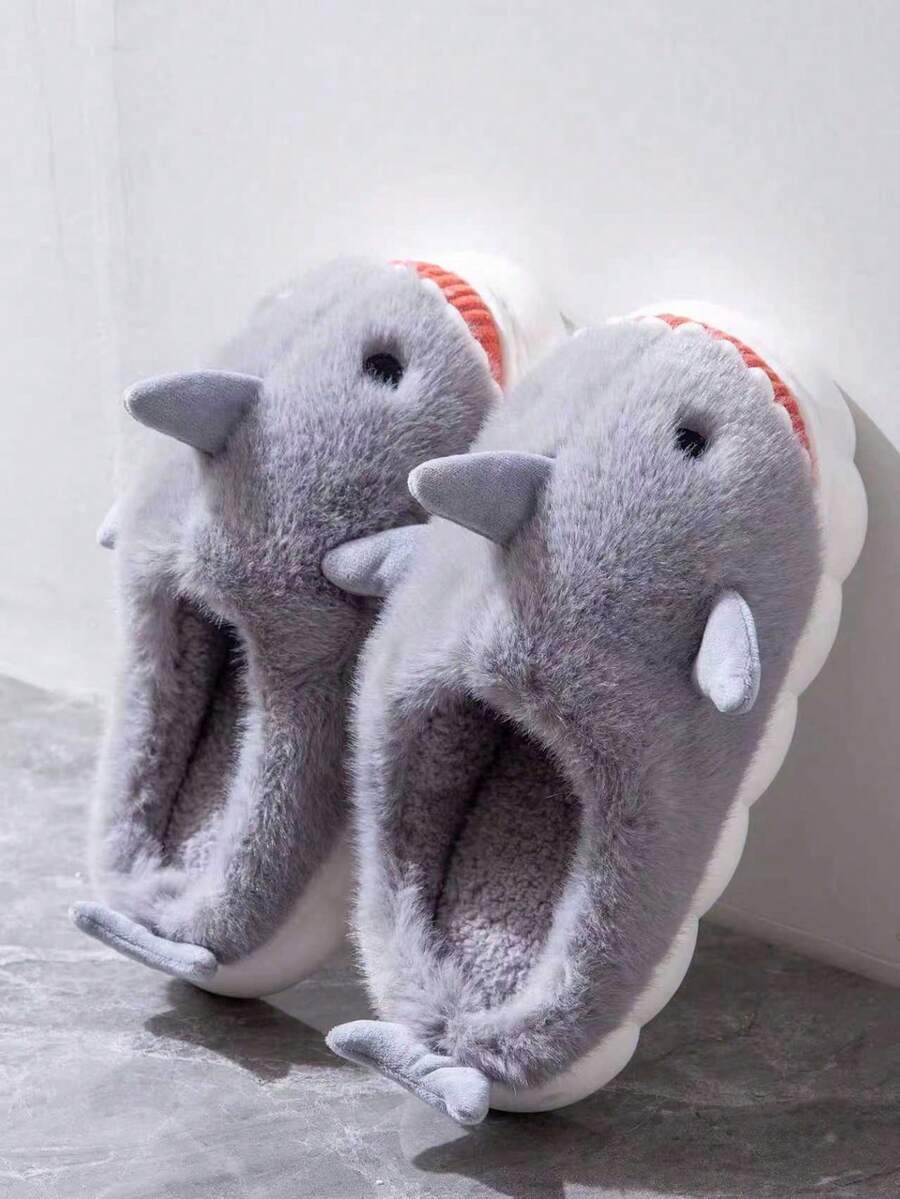 Men's Cartoon Shark Plush Lined Warm Slippers, Suitable For Indoor And Outdoor Wear, Autumn/Winter - Grey - View 1