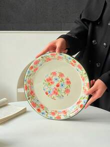 1pc Enamel Flower Pattern Plate, High-Quality Ins Style Breakfast/Dessert/Fruit Plate, Floral Design Enamel Dish For Home Use