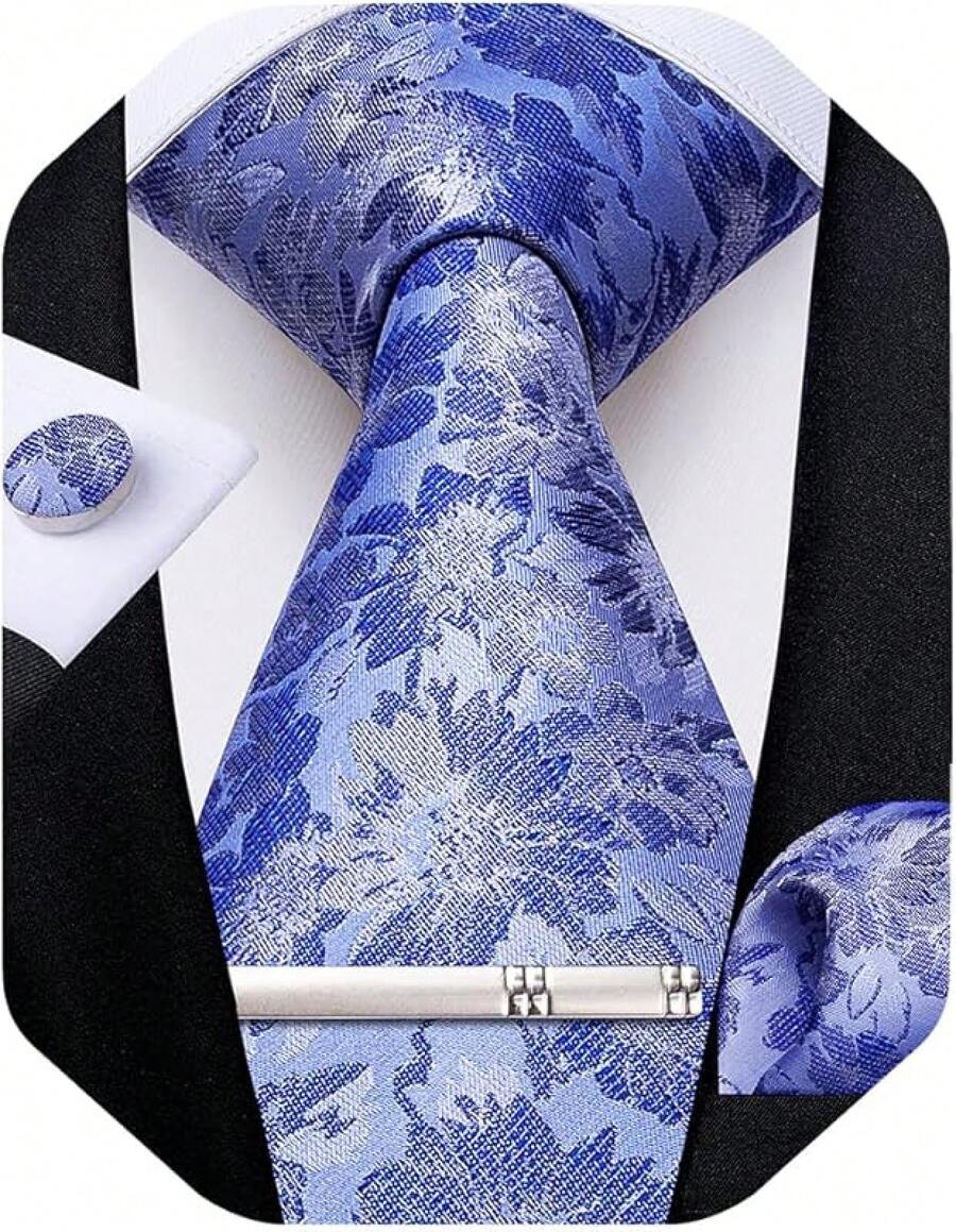 Conjunto de corbata de seda con estampado floral, incluye pinza de corbata, pañuelo y gemelos - Azul y blanco - Ver 1