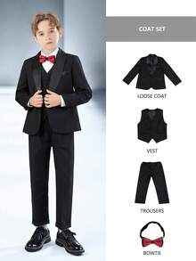 Conjunto formal de 3 piezas para niño pequeño: chaqueta de cuello mao de manga larga, chaleco de una hilera, pantalones y corbata de moño - Negro - Ver 13