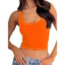 Women Rib Tank Top Padded Workout Top Square Neck Crop Tank Fitted Basic Cami Tops - Hot Orange - View 1