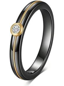 6mm White/Black Ceramic Rings Plus Cubic Zirconia For Women Comfort Fit Engagement Wedding Band Size 5-122025 - 4mm Line Black+Gold - View 1