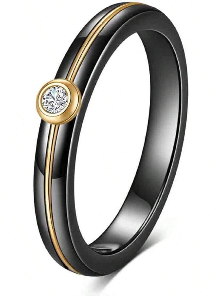 6mm White/Black Ceramic Rings Plus Cubic Zirconia For Women Comfort Fit Engagement Wedding Band Size 5-122025 - 4mm Line Black+Gold - View 1