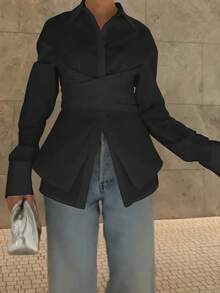 Áo sơ mi nữ dài tay dáng ôm, màu trơn, thanh lịch, có cổ, chất liệu polyester, cài nút, màu đen, thích hợp cho mùa xuân. - màu đen - Xem 6