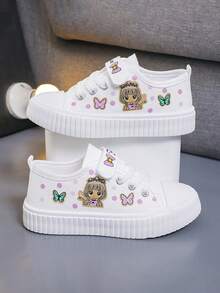 1 Pair Kids Cartoon Print High Top Canvas Sneakers, Unisex Indoor & Outdoor Athletic Shoes,Girls' Low-Top Cartoon Canvas Sneakers, Fashionable, Thin Fabric Shoes, New Style, Children's Versatile Outdoor Casual Sports Shoes