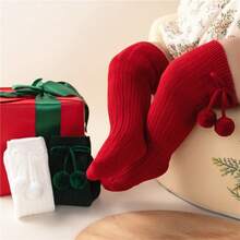 3 双/批 女婴圣诞袜 幼儿樱桃球风格纯色公主及膝袜 儿童柔软针织优雅毛球腿套袜 适合 0-3 岁 - 彩色 - 查看 9