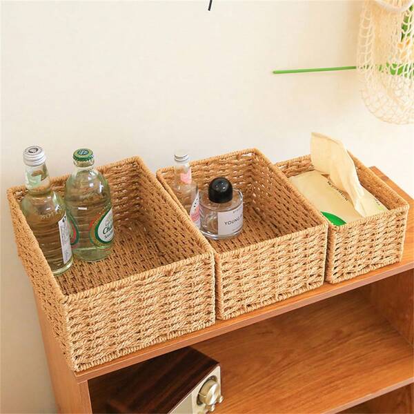 1 Stück/3 Stücke Aufbewahrungsbox für den Schreibtisch, Make-up, Schlüssel, Snacks Tablett, Rattan Aufbewahrungskorb für Wohnzimmer, Gewebter Aufbewahrungskorb, geeignet für Schlafzimmer, Wohnzimmer, Arbeitszimmer und Büro, handgefertigter Schreibtischorganizer